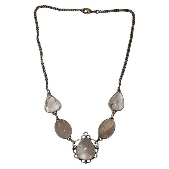 Vintage Silver Tone Pale Pink Translucent Quartz Cabochon Statement Necklace 16" - Picture 6 of 8